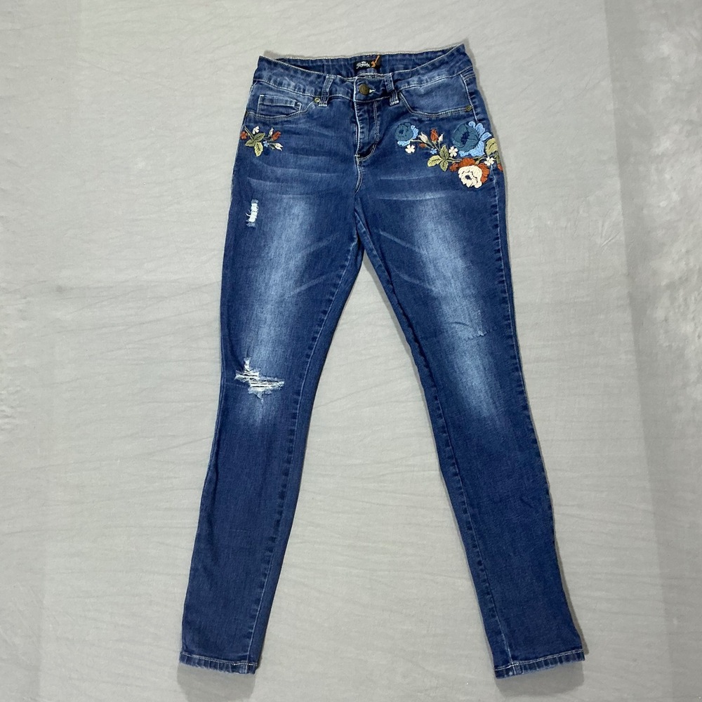 Royalty for Me Womens Floral Embroidered Skinny Jeans Blue Mid Rise Distressed 8